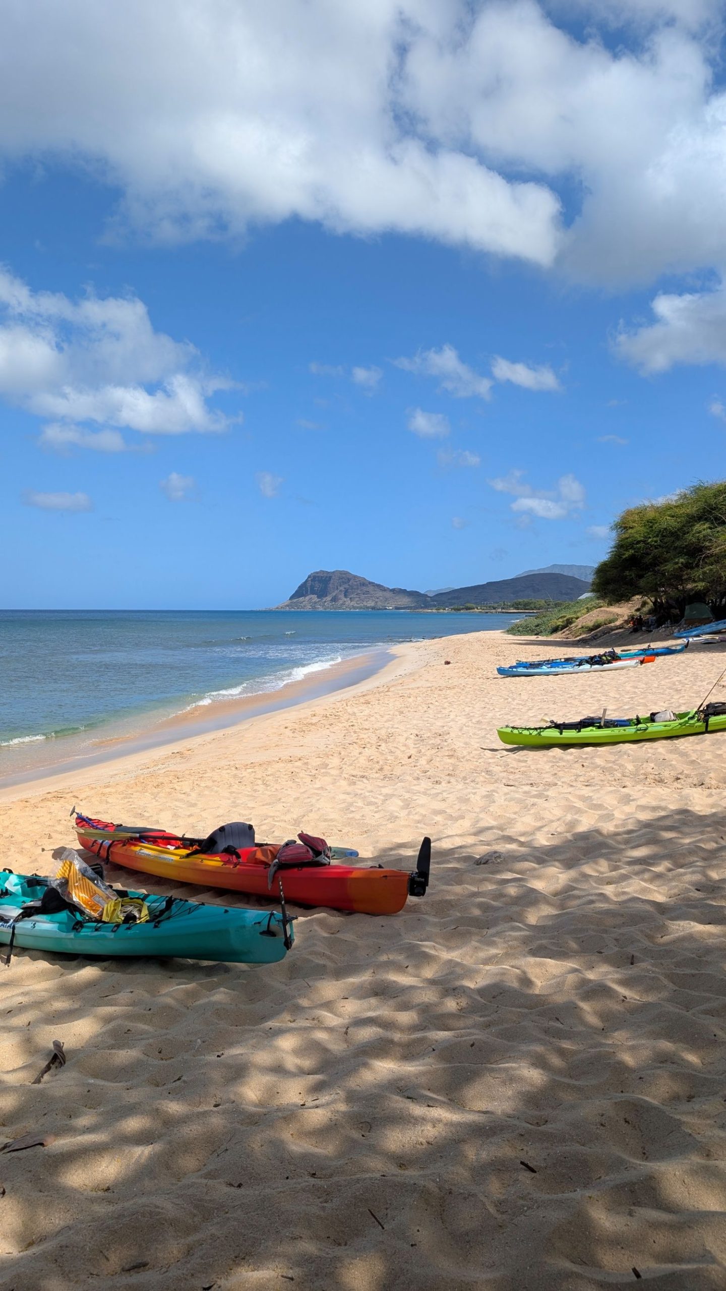 Kayaks on the beach with Puʻuʻohulu in the background